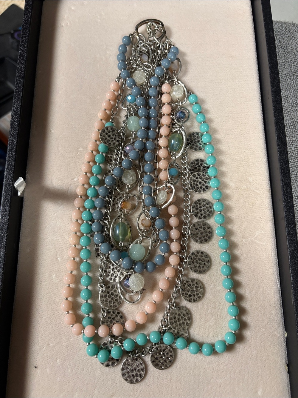 Multistrand Beaded Pendant Necklace - Blue, Turquoise & Peach Silver  a